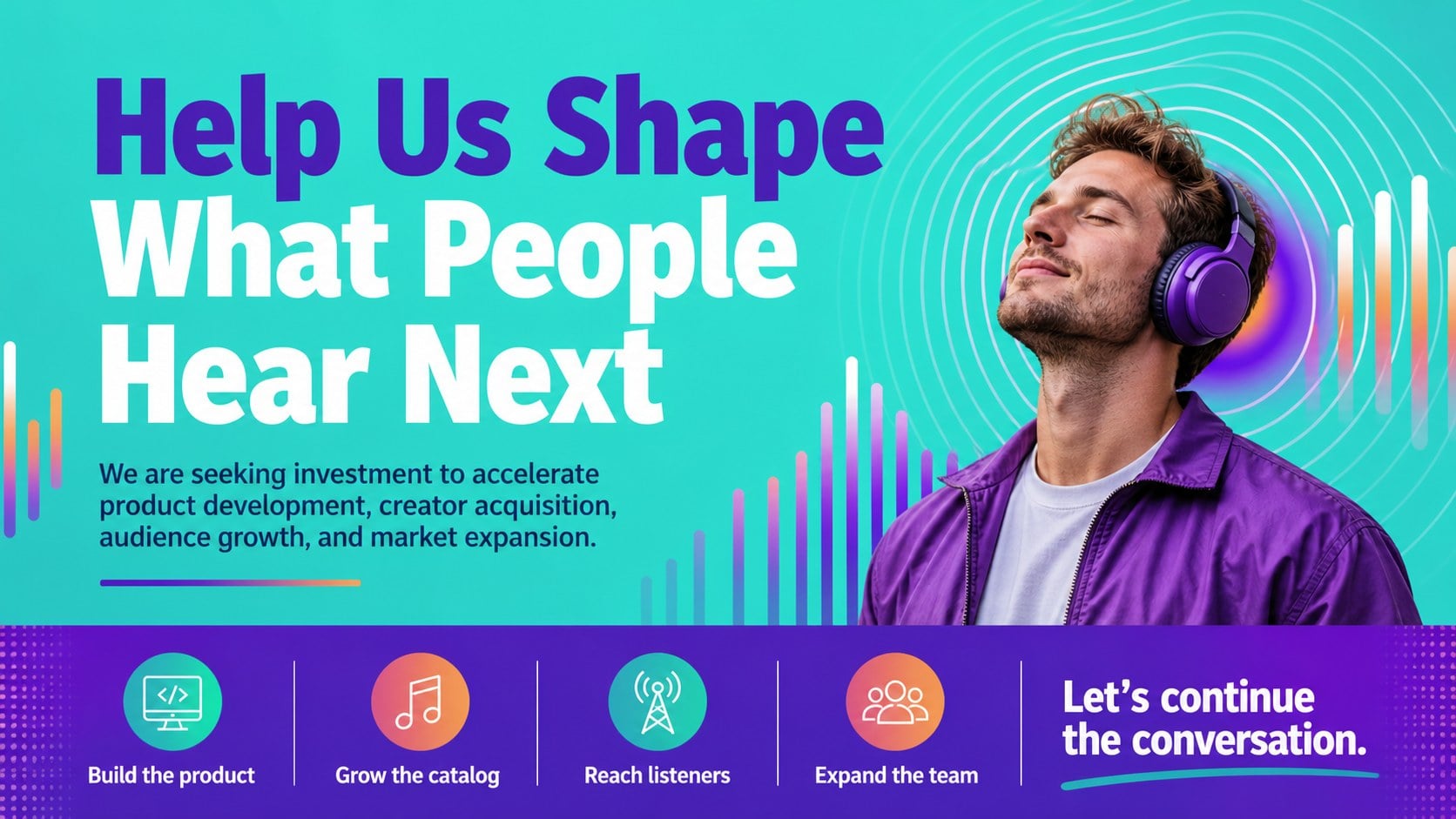 Modelo de apresentação Pitch para Plataforma de Áudio – Roxo e Verde-Água, slide 15