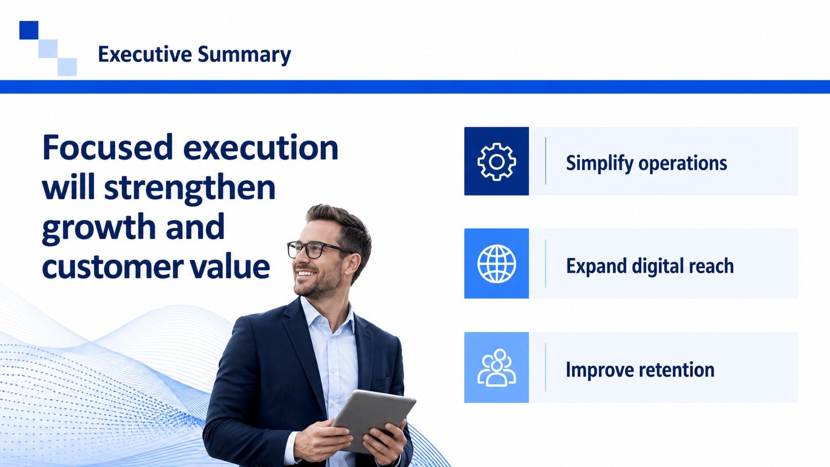 Modelo de apresentação Tema Executivo em Azul Sofisticado, slide 3
