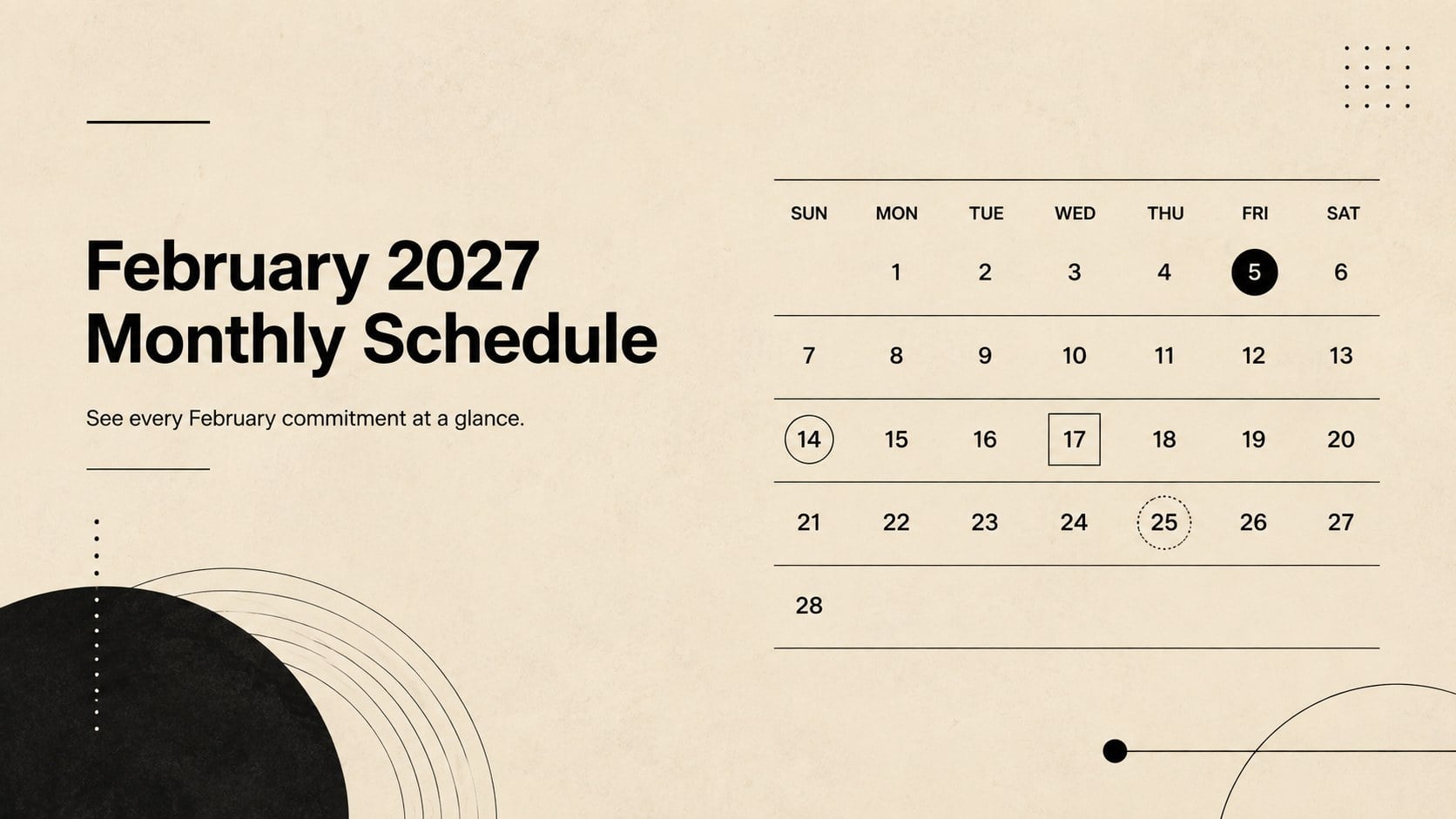 Modelo de apresentação Agenda Mensal de Fevereiro de 2027, slide 1