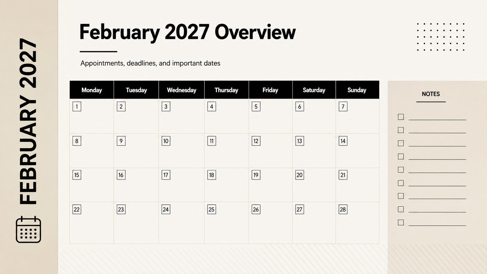 Modelo de apresentação Agenda Mensal de Fevereiro de 2027, slide 2