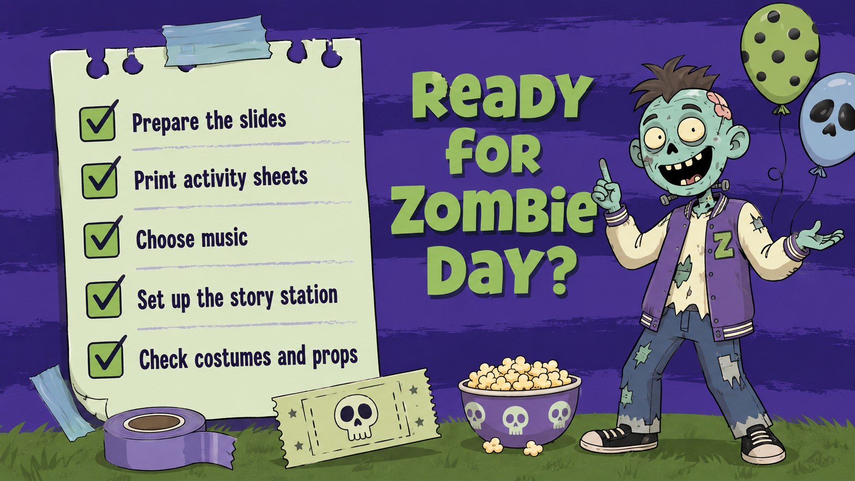 Kid-Friendly Zombie Celebration Theme presentation template, slide 14