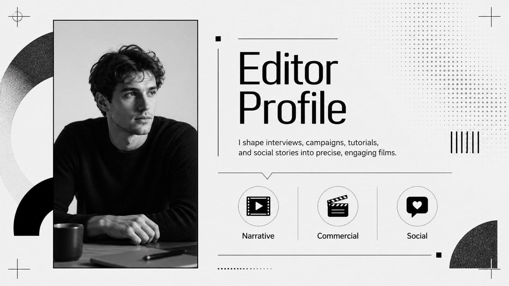 Monochrome Video Editor Showreel Deck presentation template, slide 3