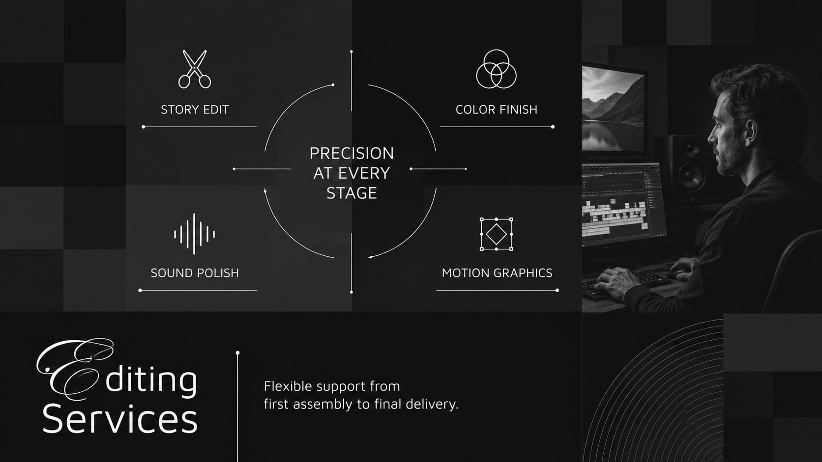 Monochrome Video Editor Showreel Deck presentation template, slide 11