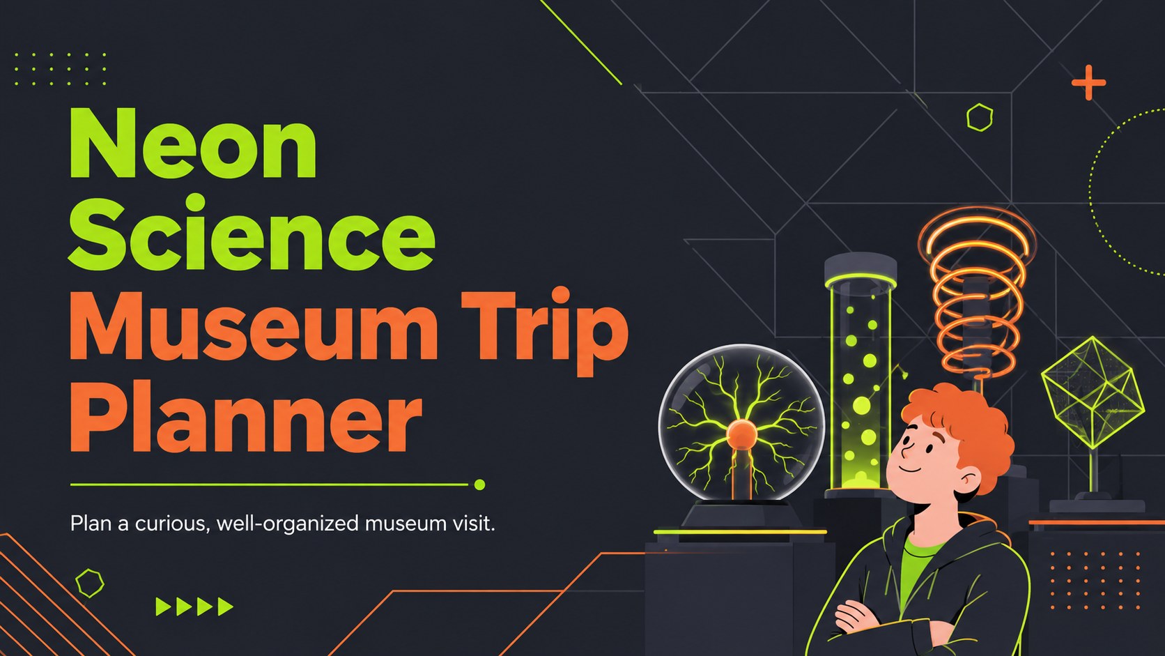 Modelo de apresentação Roteiro Neon para Museu de Ciências, slide 1
