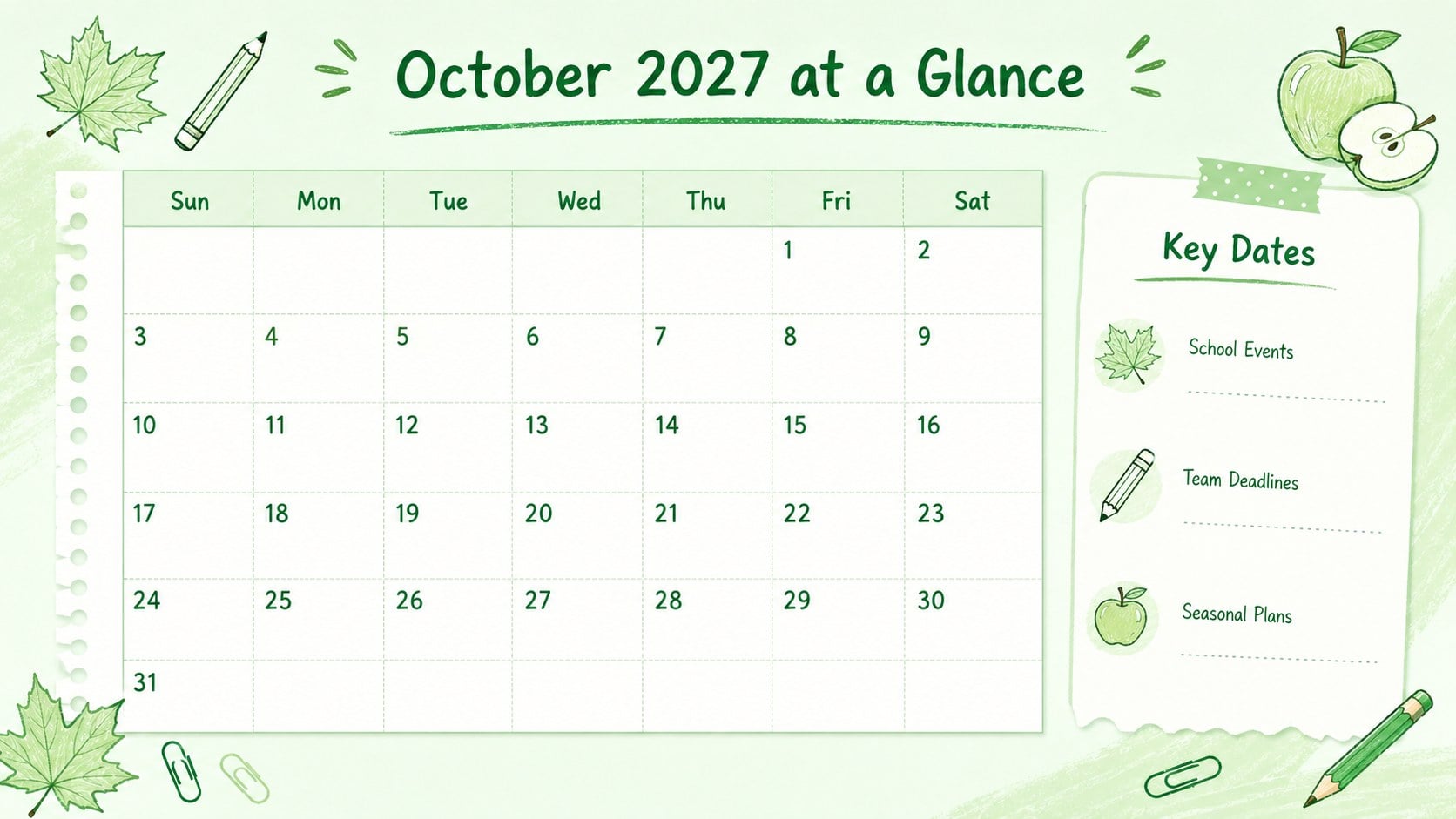October 2027 Seasonal Schedule presentation template, slide 2