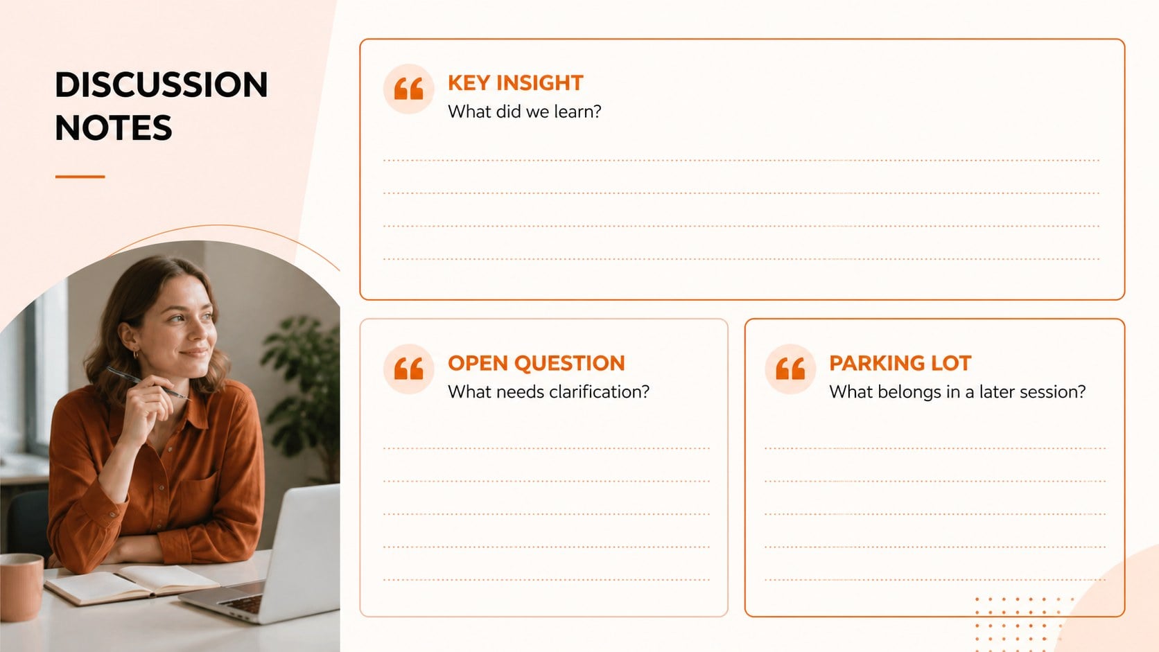 Orange Meeting Agenda Deck for Focused Teams presentation template, slide 13