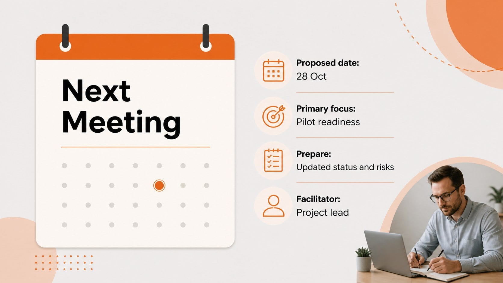Orange Meeting Agenda Deck for Focused Teams presentation template, slide 14