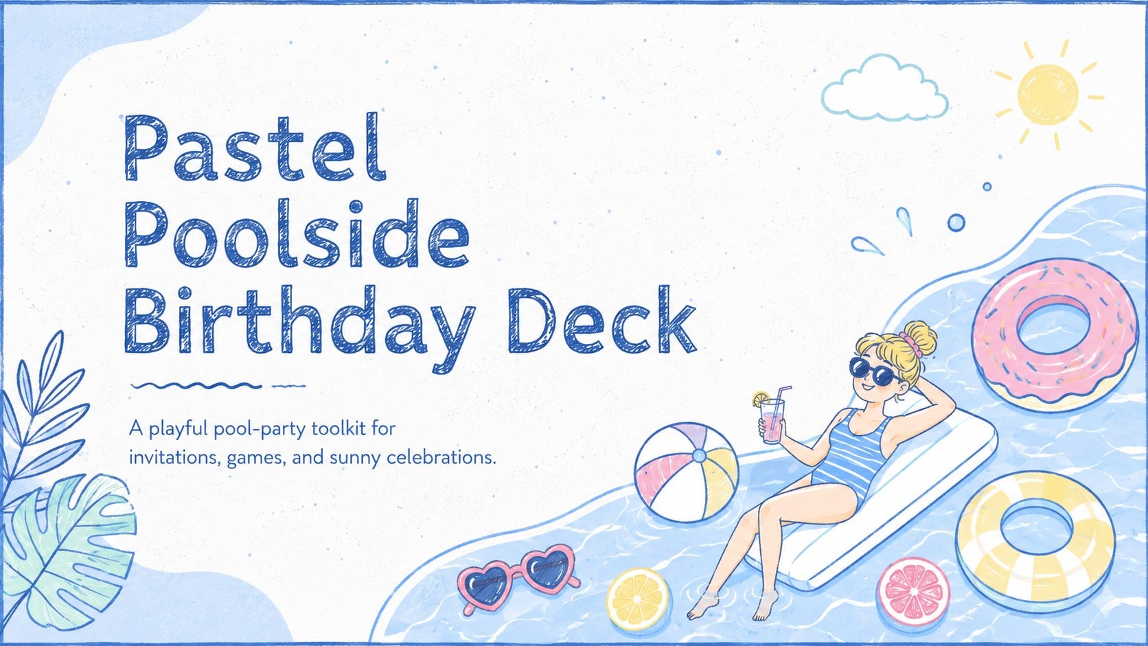 Pastel Poolside Birthday Deck presentation template, slide 1