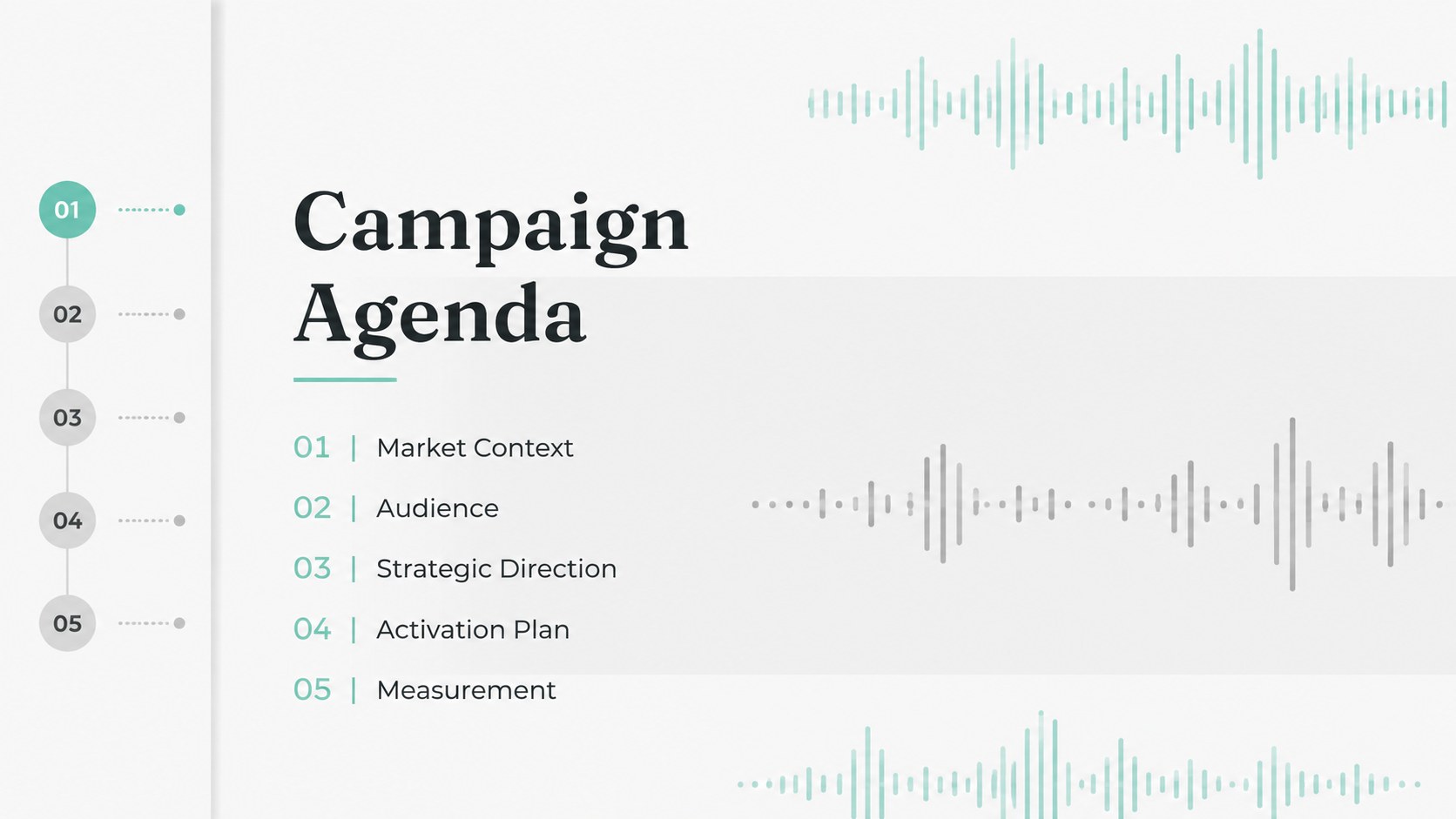 Soundwave Marketing Strategy Deck in Teal and Grey presentation template, slide 3