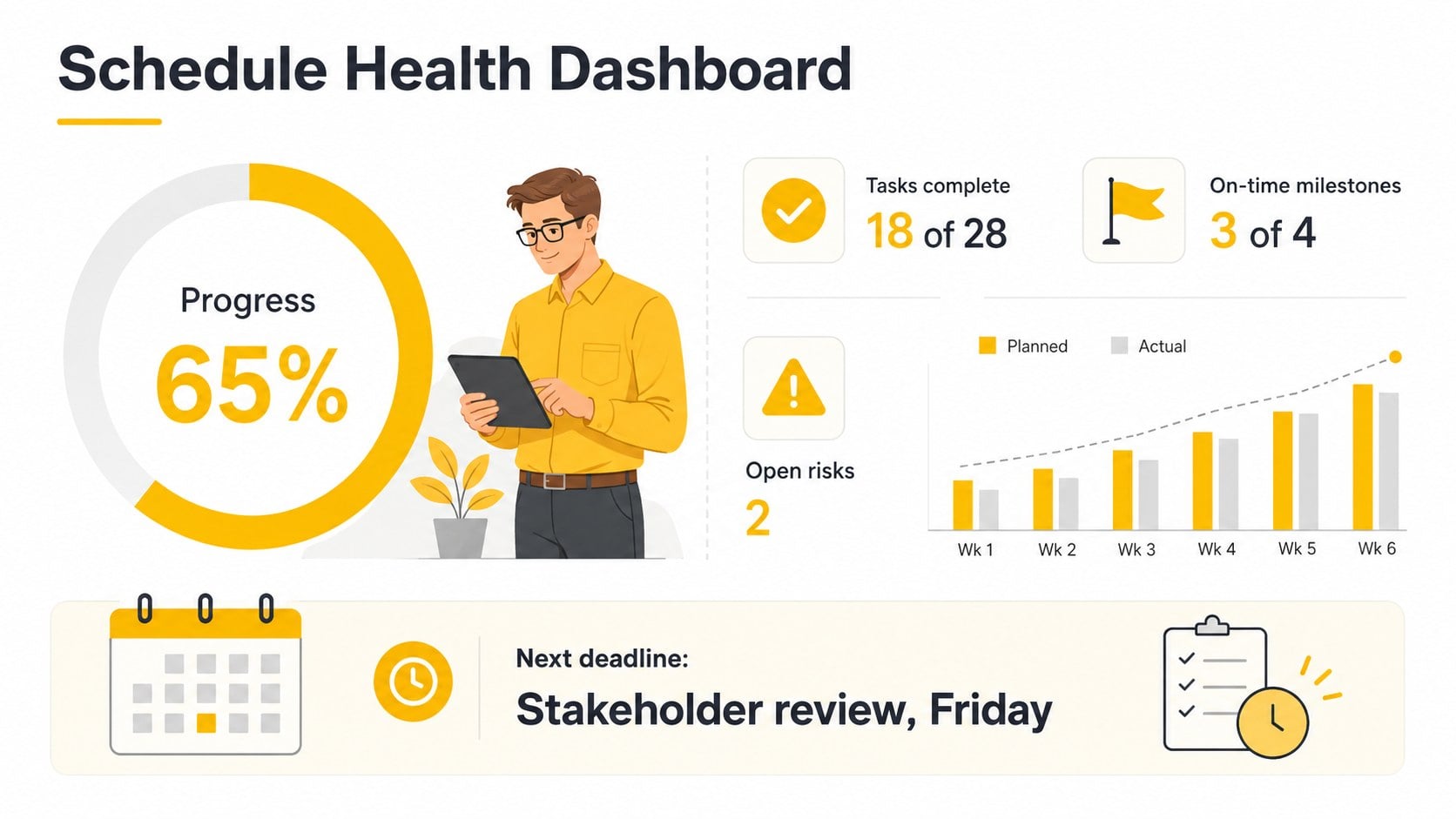 Yellow Project Scheduling Visual Deck presentation template, slide 12